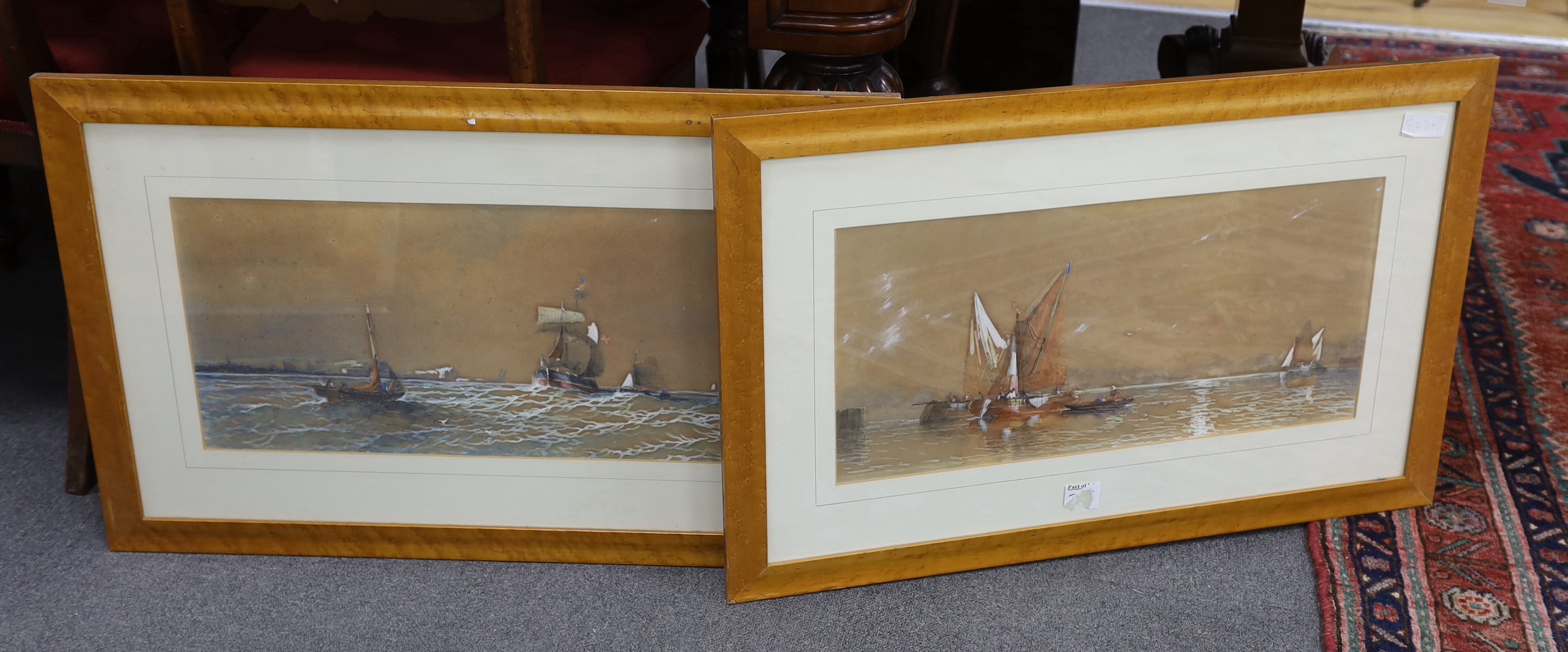 A. Clifford, pair of heightened watercolours, ‘Morning in the Shelt’ and ‘Off Dover - A Breezy Day in the Channel’, each signed, 28 x 58cm